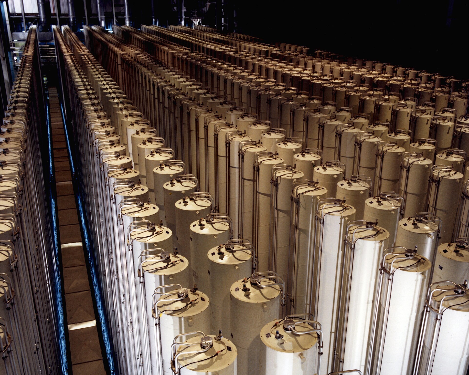 Rows of gas centrifuges in a U.S. uranium enrichment cascade hall